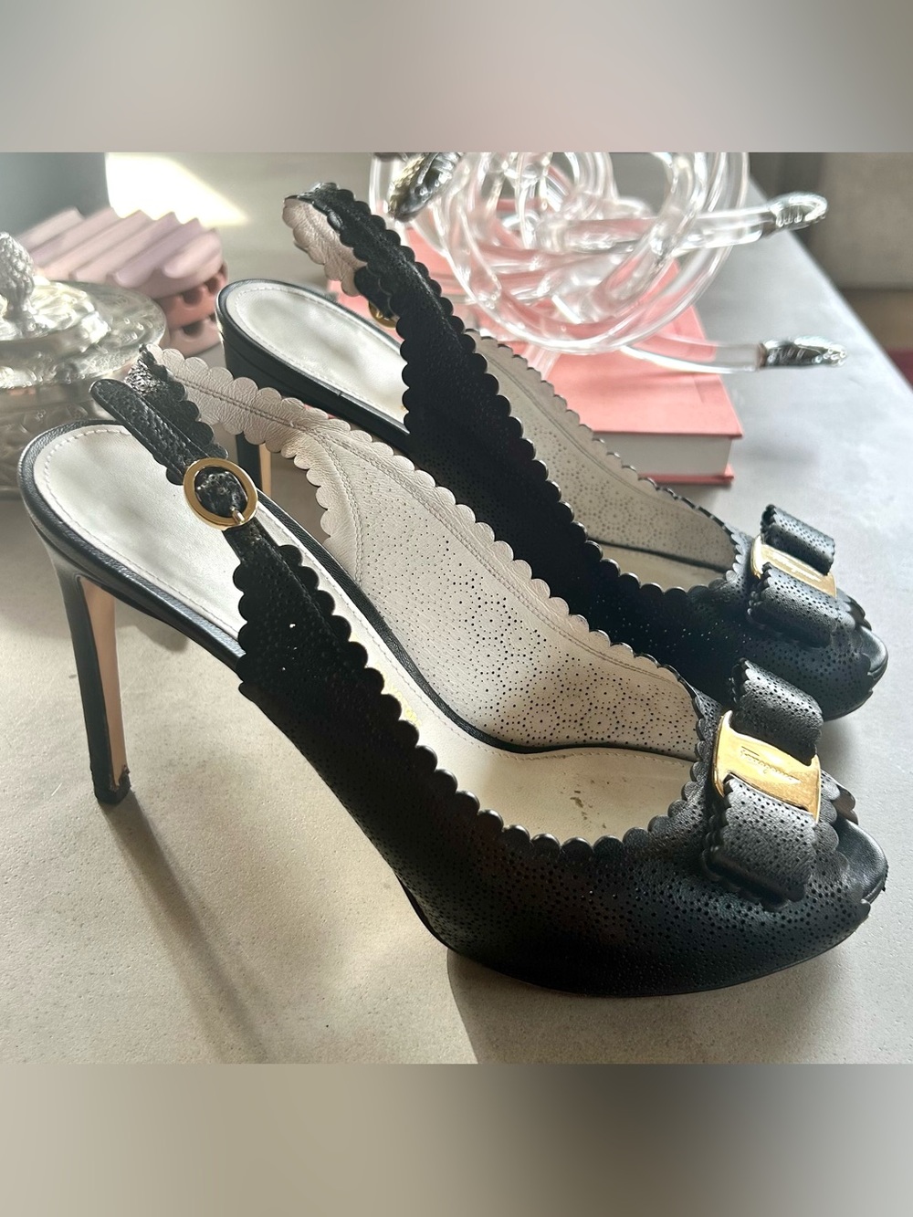 Salvatore Ferragamo Black Leather Stiletto Peep Toe Slingback Pumps, sz 7.5